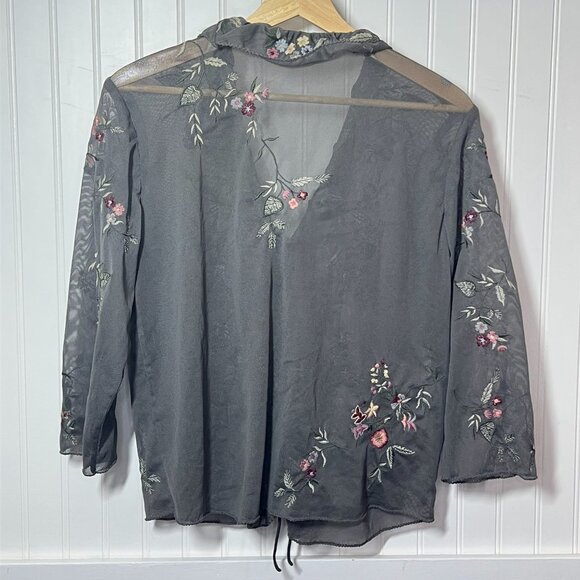 J Jill Sheer Blouse Ruffle Tie Front Cardigan Embroidered Flower Dainty Feminine - Picture 3 of 10